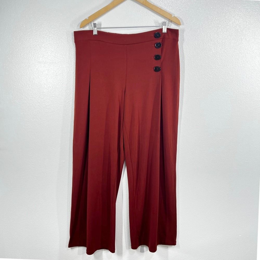 Susan Graver Liquid Knit Wide-Leg Pants Button Detail Large Rusted Red Everyday - Picture 2 of 10